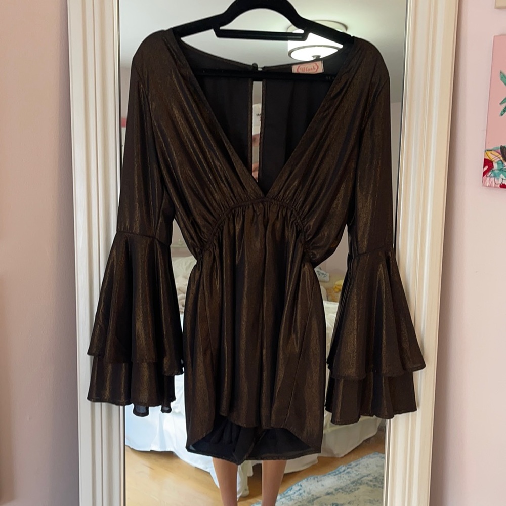 Blush gold sparkle long sleeve flare romper